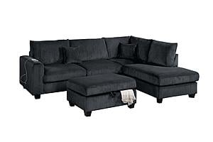 F8409 Fabric 3-Piece Sectional Sofa Set w/2 Accent Pillows Black by Poundex
