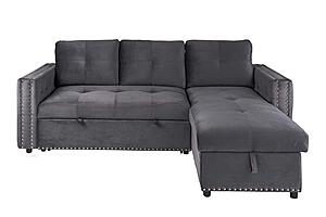 F8541 Velvet Convertible Sectional Sofa Set Gray by Poundex