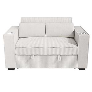 F8548 Fabric Convertible Sofa w/2 Accent Pillows Beige Corduroy by Poundex