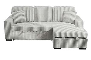 F8552 Fabric 2-Piece Convertible Sectional Sofa Set w/2 Accent Pillows & Fold-Down Table Ash by Poundex