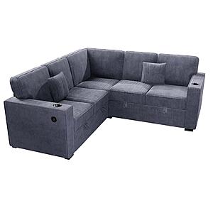 F8555 Fabric 3-Piece Convertible Sectional Sofa Set w/2 Accent Pillows Dark Gray by Poundex