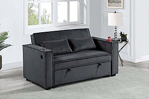 F8568 Fabric Convertible Sofa w/2 Accent Pillows & USB Ports Black by Poundex