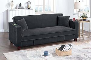 F8569 Fabric Convertible Sofa w/Usb Ports & 2 Accent Pillows Black by Poundex