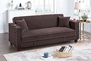 F8570 Fabric Convertible Sofa w/Usb Ports & 2 Accent Pillows Chocolate by Poundex
