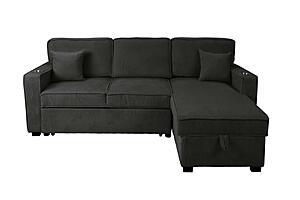 F8572 Fabric 2-Piece Convertible Sectional Sofa Set w/Usb Ports & 2 Accent Pillows Black by Poundex