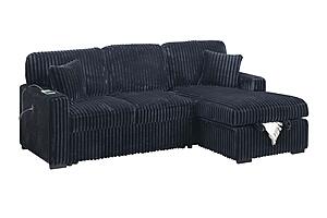 F8574 Fabric 2-Piece Convertible Sectional Sofa Set w/Usb Ports & 2 Accent Pillows Black by Poundex