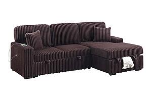 F8575 Fabric 2-Piece Convertible Sectional Sofa Set w/Usb Ports & 2 Accent Pillows Coffee by Poundex