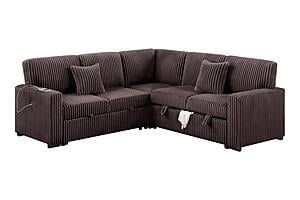F8576 Fabric 3-Piece Convertible Sectional Sofa Set w/2 Accent Pillows Chocolate by Poundex