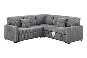 F8577 Fabric 3-Piece Convertible Sectional Sofa Set w/2 Accent Pillows Smoke by Poundex