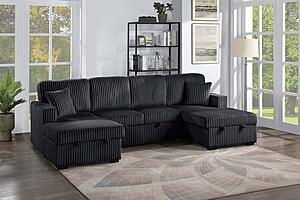 F8578 Fabric 3-Piece Convertible Sectional Sofa Set w/2 Accent Pillows Black by Poundex