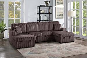 F8579 Fabric 3-Piece Convertible Sectional Sofa Set w/2 Accent Pillows Chocolate by Poundex