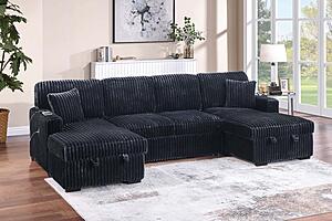 F8582 Fabric 3-Piece Convertible Sectional Sofa Set w/2 Accent Pillows Black by Poundex