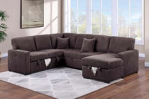 F8584 Fabric 4-Piece Convertible Sectional Sofa Set w/2 Accent Pillows Chocolate by Poundex