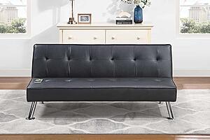 F8586 Faux Leather Convertible Sofa w/Usb Port Black by Poundex
