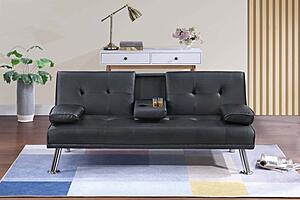 F8589 Faux Leather Convertible Sofa w/Fold-Down Table Black by Poundex
