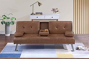 F8590 Faux Leather Convertible Sofa w/Fold-Down Table Brown by Poundex
