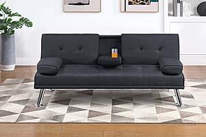 F8595 Polyfiber Convertible Sofa w/Fold-Down Table Black by Poundex