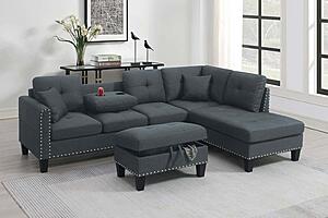 F8886 Linen-Like Fabric 3-Piece Sectional Sofa Set Charcoal by Poundex