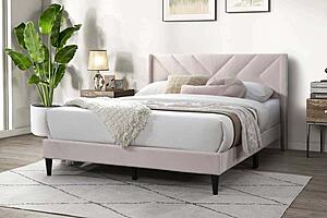 F9649Q Velvet Upholstered Queen Bed Light Pink by Poundex