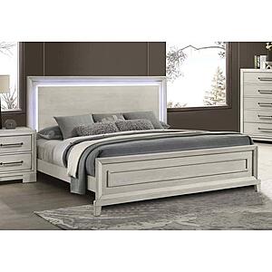 F9673EK Wood Eastern King Bed w/Led Antique White by Poundex