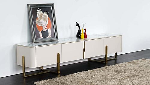 Bella Marble Style Porcelain Top TV Sideboard w/4 Storage Compartments & Bronze Gold Accents by BH Furniture