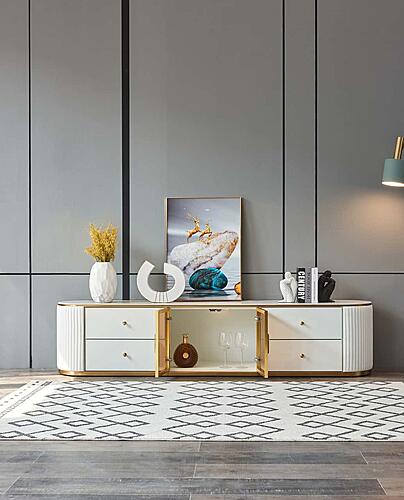 Kayla Oval White TV Stand w/Carrera Style Porcelain Top & Gold Trims by BH Furniture