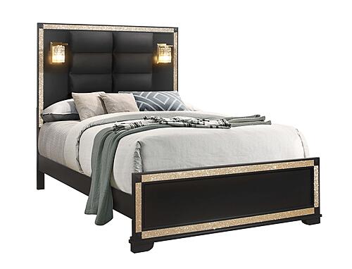 Blake Black/Gold Queen Bed w/Dresser, Mirror,2 Nightstands & Chest by Global Furniture