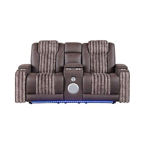 U8000 Brown Power Reclining Loveseat w/Console, Power Headrest, LED Light, & Bluetooth Speaker by Global Furniture
