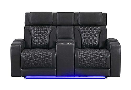 U8611 Blanche Charcoal Power Console Reclining Loveseat w/Power Headrest, LED & Speaker by Global Furniture