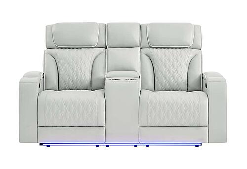 U8611 Blanche Silver Power Console Reclining Loveseat w/Power Headrest, LED & Speaker by Global Furniture
