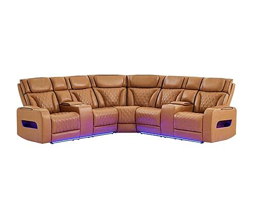 U8611 Camel Sectional w/Power Headrest, Continuous LED & Speaker by Global Furniture