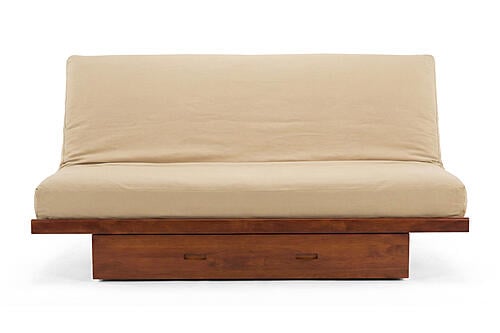Futon Set - Queen Size - Okinawa Natural Frame, Mattress w/Removable Solid Cover