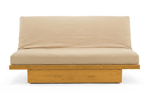 Futon Set - Queen Size - Okinawa Urban Oak Frame, Mattress w/Removable Solid Cover