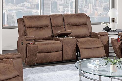 F8152 Leather-Like Fabric Reclining Loveseat w/Console Walnut by Poundex