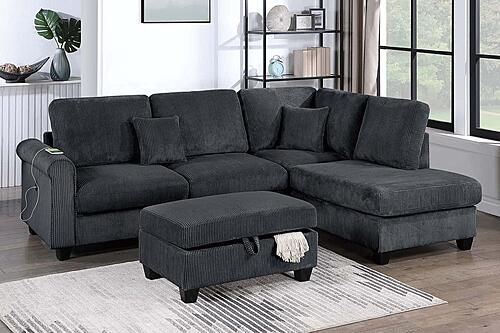 F8300 Fabric 3-Piece Sectional Sofa Set w/2 Accent Pillows Black by Poundex