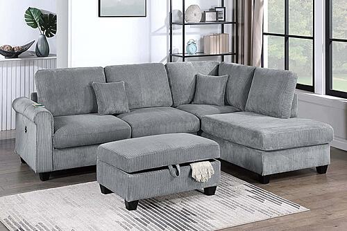 F8301 Fabric 3-Piece Sectional Sofa Set w/2 Accent Pillows Fog by Poundex