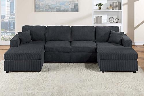F8407 Fabric 3-Piece Sectional Sofa Set w/2 Accent Pillows Black by Poundex