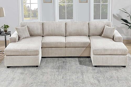 F8408 Fabric 3-Piece Sectional Sofa Set w/2 Accent Pillows Ivory by Poundex