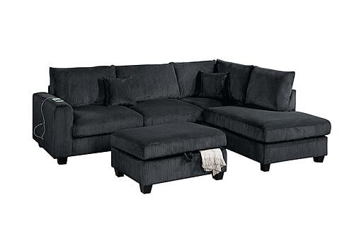 F8409 Fabric 3-Piece Sectional Sofa Set w/2 Accent Pillows Black by Poundex