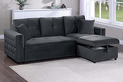 F8540 Velvet Convertible Sectional Sofa Set Black by Poundex