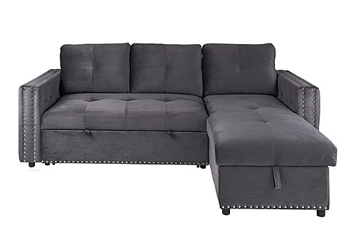 F8541 Velvet Convertible Sectional Sofa Set Gray by Poundex