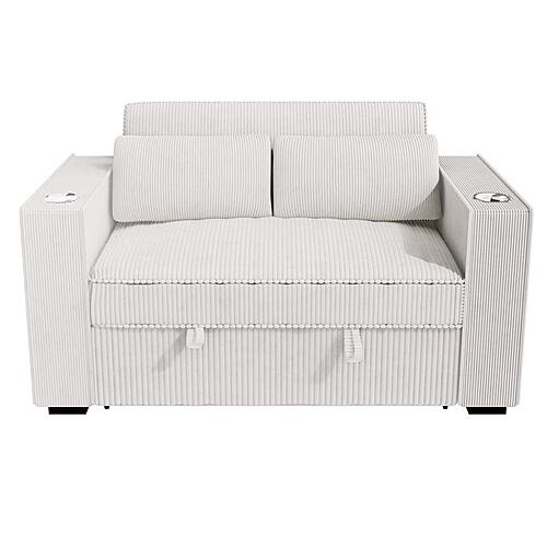 F8548 Fabric Convertible Sofa w/2 Accent Pillows Beige Corduroy by Poundex