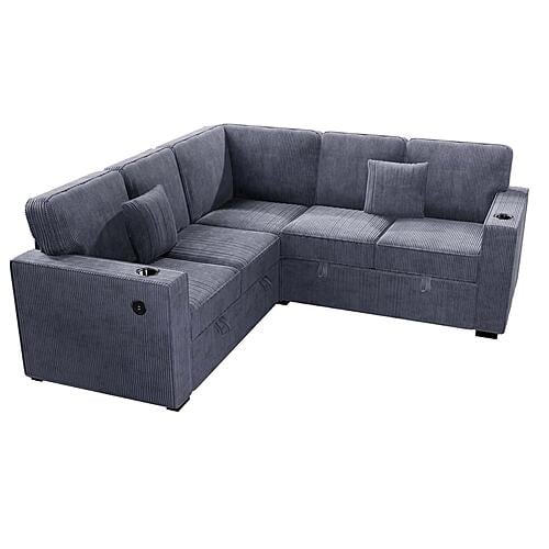 F8555 Fabric 3-Piece Convertible Sectional Sofa Set w/2 Accent Pillows Dark Gray by Poundex