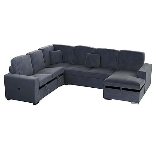 F8559 Fabric 4-Piece Convertible Sectional Sofa Set w/2 Accent Pillows Dark Gray by Poundex