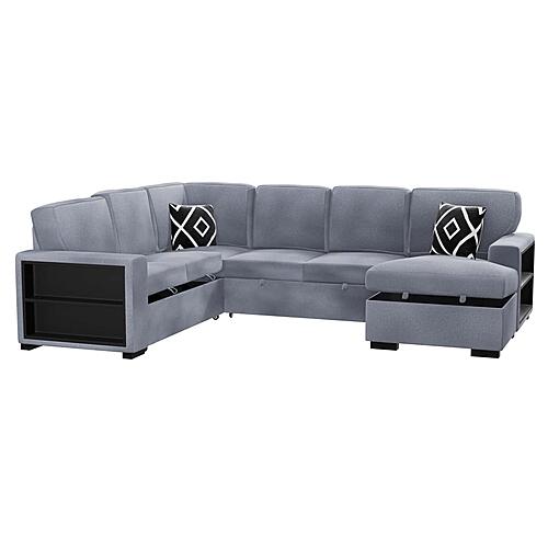F8561 Fabric 4-Piece Convertible Sectional Sofa Set w/2 Accent Pillows Gray by Poundex