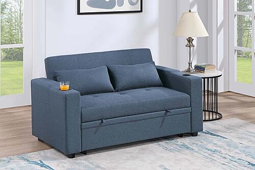 F8567 Polyfiber Convertible Sofa w/2 Accent Pillows Dark Blue by Poundex