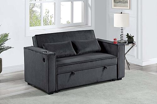 F8568 Fabric Convertible Sofa w/2 Accent Pillows & USB Ports Black by Poundex