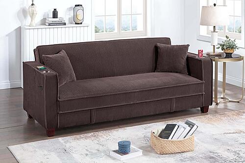 F8570 Fabric Convertible Sofa w/Usb Ports & 2 Accent Pillows Chocolate by Poundex