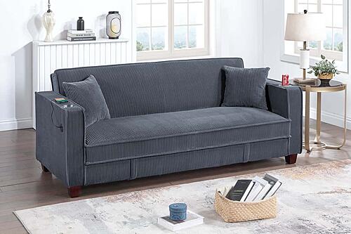 F8571 Fabric Convertible Sofa w/Usb Ports & 2 Accent Pillows Dark Gray by Poundex