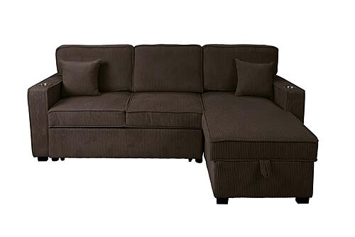 F8573 Fabric 2-Piece Convertible Sectional Sofa Set w/Usb Ports & 2 Accent Pillows Chocolate by Poundex